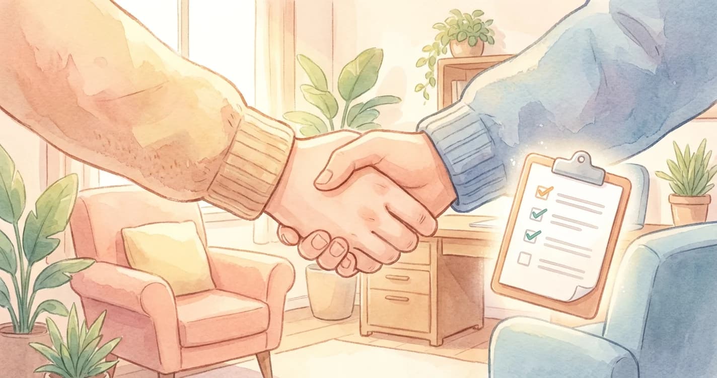 Friendly handshake with a welcome checklist