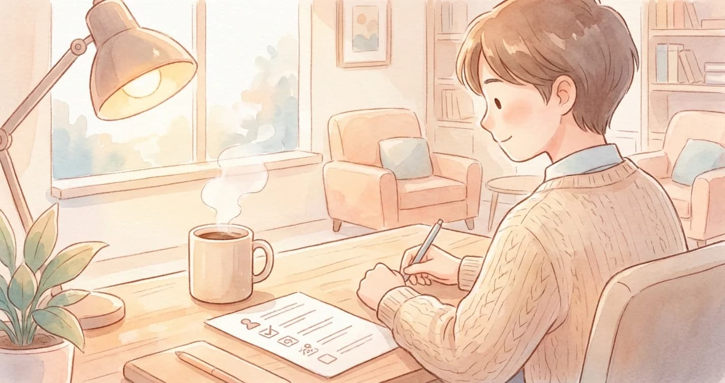 New employee at a desk with a welcome checklist and coffee