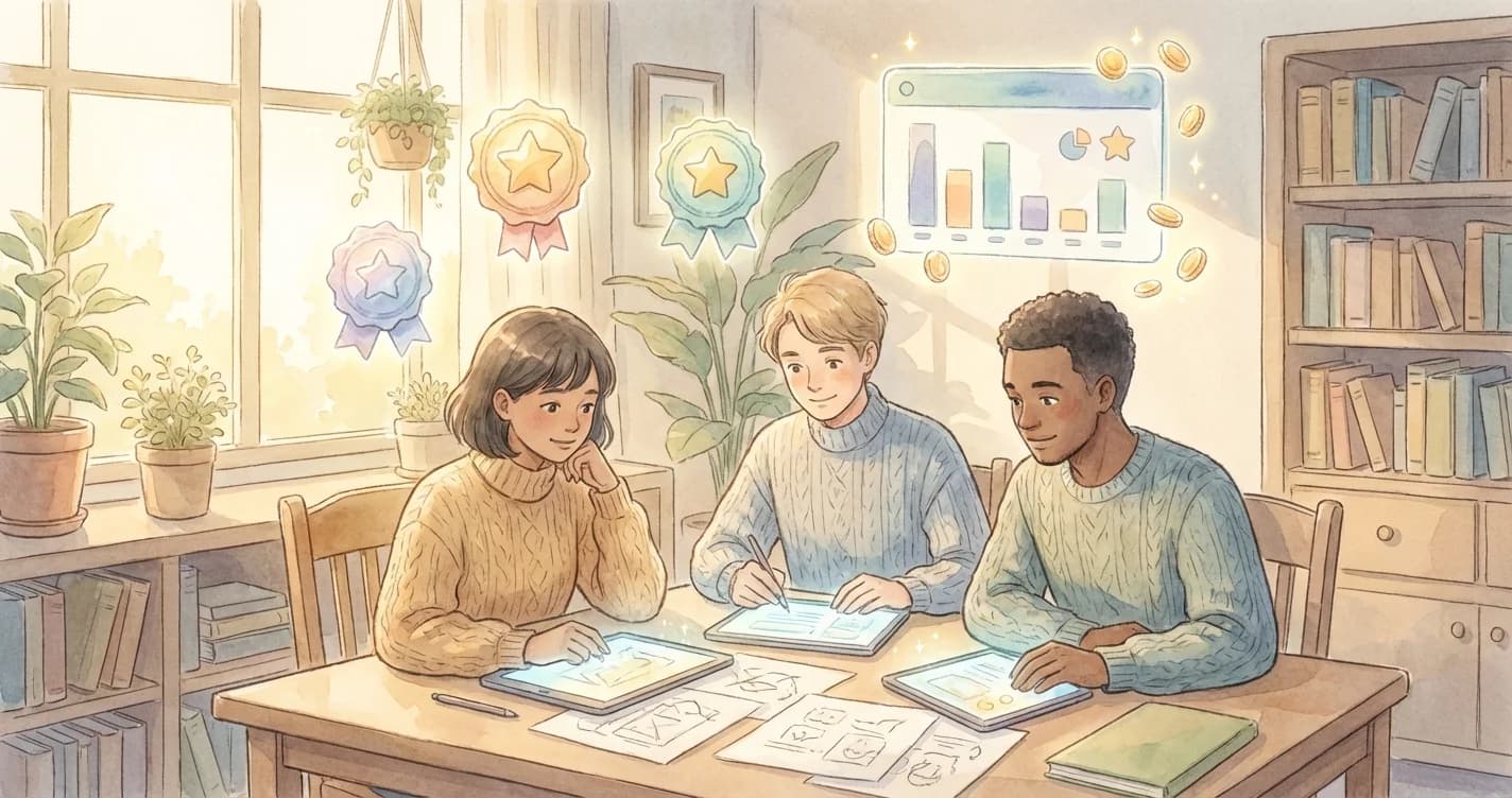 Team members collaborating with points and badges