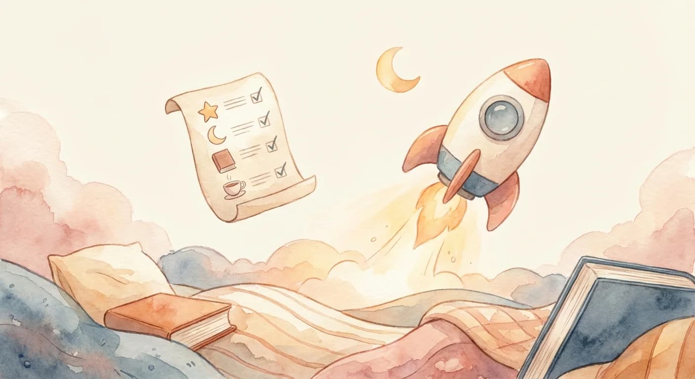 Rocket launching with a checklist floating nearby